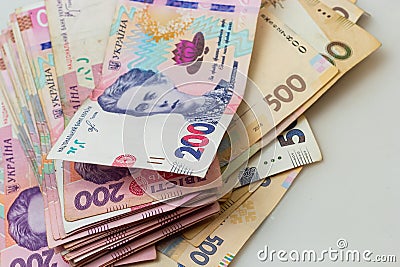 Money of Ukraine. Background of ukrainian hryvnia banknotes. Hryvnia 500, 200. Uah. Money and save concept Stock Photo