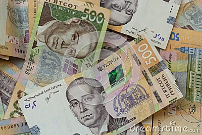 Money of Ukraine. Background of Ukrainian hryvnia banknotes. Hryvnia 500, 200. Uah. Money and saving concept Stock Photo