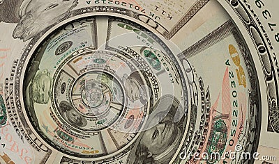 Money US dollars spiral twirl made of one hundred fifty ten dollars banknotes. US dollars abstract background US dollars money spi Stock Photo