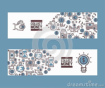 Money vector investment savings financial bank money-box set backdrop illustration piggybank moneybox with cash coins Vector Illustration