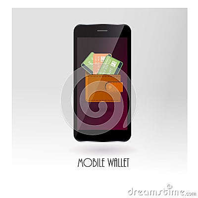 Money wallet with credit card symbols on mobile gadget Vector Illustration