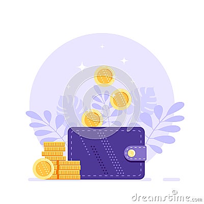 Money wallet with dropping coins, flat design Vector Illustration