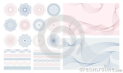 Money watermark. Geometric round, spiral and abstract secure guilloches for passport or cheque. Spirograph patterns and Vector Illustration