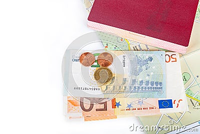 Money & x28;Euro& x29;, passport and map on a white background. Space for Stock Photo