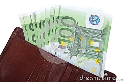 Money in your wallet. Several bills of 100 euros. Isolated on white background Stock Photo