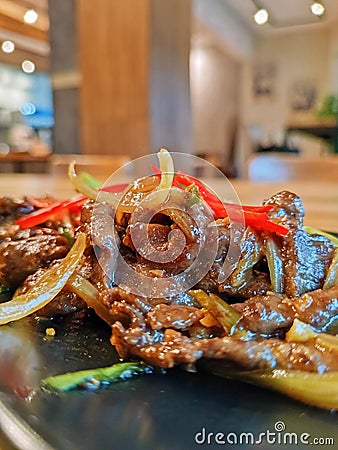 Monggolian Beef with garnish Stock Photo