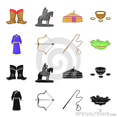 .mongol dressing gown, battle bow, theria on the map, Urga, Khlyst. Mongolia set collection icons in black,cartoon style Vector Illustration