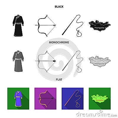 .mongol dressing gown, battle bow, theria on the map, Urga, Khlyst. Mongolia set collection icons in black, flat Vector Illustration