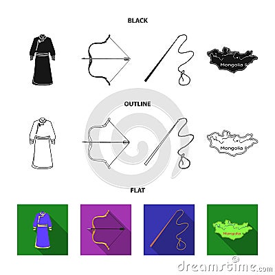 .mongol dressing gown, battle bow, theria on the map, Urga, Khlyst. Mongolia set collection icons in black,flat,outline Vector Illustration