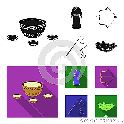 .mongol dressing gown, battle bow, theria on the map, Urga, Khlyst. Mongolia set collection icons in black,flat style Vector Illustration