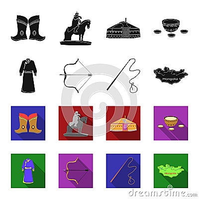 .mongol dressing gown, battle bow, theria on the map, Urga, Khlyst. Mongolia set collection icons in black,flet style Vector Illustration