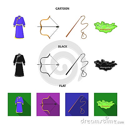 .mongol dressing gown, battle bow, theria on the map, Urga, Khlyst. Mongolia set collection icons in cartoon,black,flat Vector Illustration