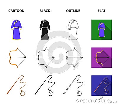 .mongol dressing gown, battle bow, theria on the map, Urga, Khlyst. Mongolia set collection icons in cartoon,black Vector Illustration