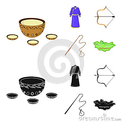 .mongol dressing gown, battle bow, theria on the map, Urga, Khlyst. Mongolia set collection icons in cartoon,black style Vector Illustration