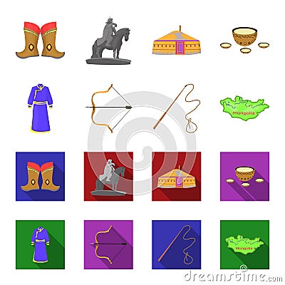.mongol dressing gown, battle bow, theria on the map, Urga, Khlyst. Mongolia set collection icons in cartoon,flat style Vector Illustration