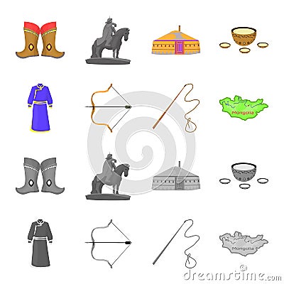 .mongol dressing gown, battle bow, theria on the map, Urga, Khlyst. Mongolia set collection icons in cartoon,monochrome Vector Illustration