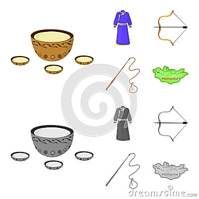 .mongol dressing gown, battle bow, theria on the map, Urga, Khlyst. Mongolia set collection icons in cartoon,monochrome Vector Illustration