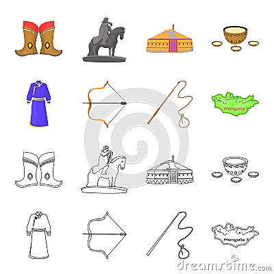 .mongol dressing gown, battle bow, theria on the map, Urga, Khlyst. Mongolia set collection icons in cartoon,outline Vector Illustration