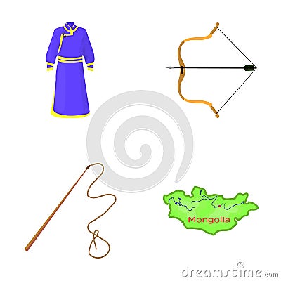 .mongol dressing gown, battle bow, theria on the map, Urga, Khlyst. Mongolia set collection icons in cartoon style Vector Illustration