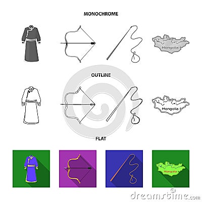 .mongol dressing gown, battle bow, theria on the map, Urga, Khlyst. Mongolia set collection icons in flat,outline Vector Illustration