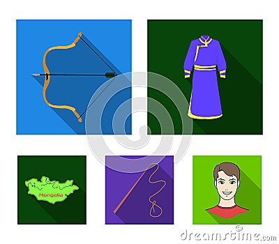 .mongol dressing gown, battle bow, theria on the map, Urga, Khlyst. Mongolia set collection icons in flat style vector Vector Illustration