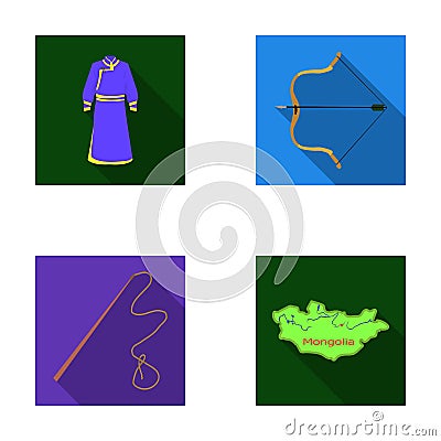 .mongol dressing gown, battle bow, theria on the map, Urga, Khlyst. Mongolia set collection icons in flat style vector Vector Illustration