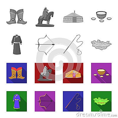 .mongol dressing gown, battle bow, theria on the map, Urga, Khlyst. Mongolia set collection icons in monochrome,flat Vector Illustration