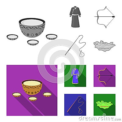 .mongol dressing gown, battle bow, theria on the map, Urga, Khlyst. Mongolia set collection icons in monochrome,flat Vector Illustration