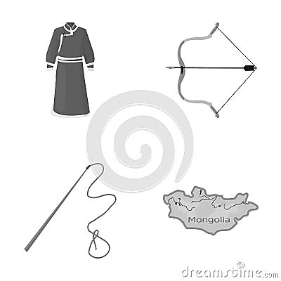 .mongol dressing gown, battle bow, theria on the map, Urga, Khlyst. Mongolia set collection icons in monochrome style Vector Illustration