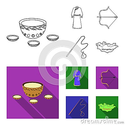 .mongol dressing gown, battle bow, theria on the map, Urga, Khlyst. Mongolia set collection icons in outline,flat style Vector Illustration