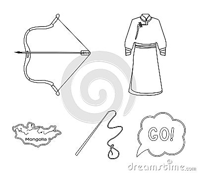 .mongol dressing gown, battle bow, theria on the map, Urga, Khlyst. Mongolia set collection icons in outline style Vector Illustration