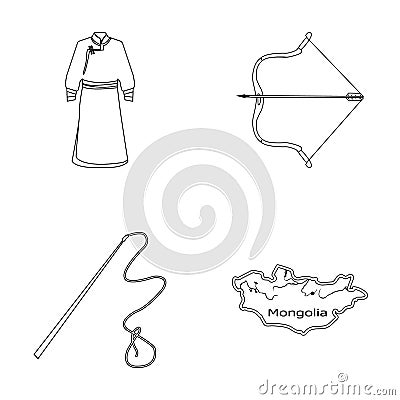 .mongol dressing gown, battle bow, theria on the map, Urga, Khlyst. Mongolia set collection icons in outline style Vector Illustration