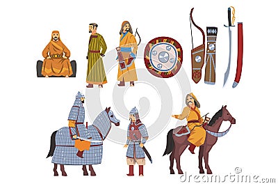 Mongol Nomad Warriors in Traditional Clothing with Weapon Collection, Central Asian Characters Vector Illustration Vector Illustration