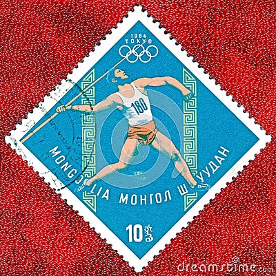 Postage stamp printed in Mongolia with a picture of a javelin-throwing, with the inscription `Tokyo, 1964` Editorial Stock Photo