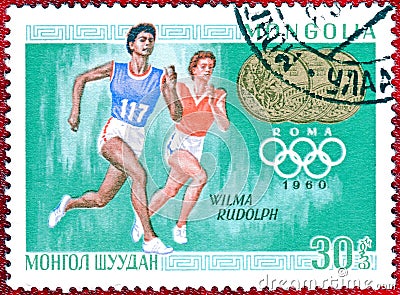 Postage stamp printed in Mongolia with a picture Triple champion of Wilma Rudolph Athletics, from the series `Olympic champion` Editorial Stock Photo