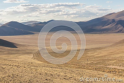 Mongolia landscape with nomad yurts. Mongolian nomad on a motorcycle Stock Photo