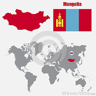 Mongolia map on a world map with flag and map pointer. Vector illustration Cartoon Illustration