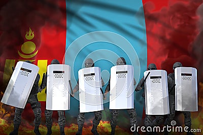 Mongolia protest stopping concept, police squad in heavy smoke and fire protecting law against riot - military 3D Illustration on Stock Photo