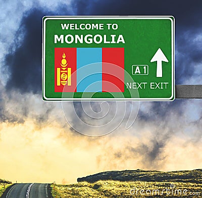 Mongolia road sign against clear blue sky Stock Photo