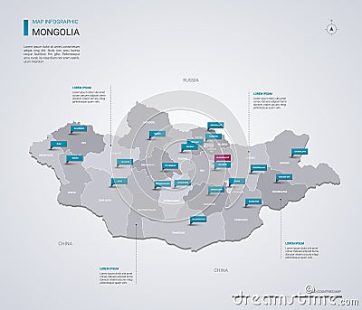 Mongolia vector map with infographic elements, pointer marks Vector Illustration