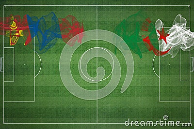 Mongolia vs Algeria Soccer Match, national colors, national flags, soccer field, football game, Copy space Stock Photo