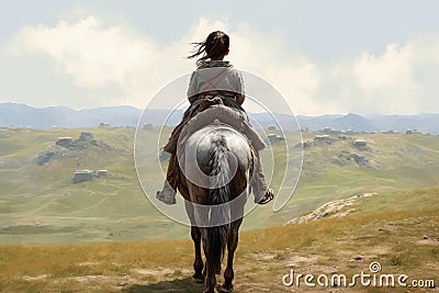 Mongolian ancient child ride horse. Generate Ai Stock Photo