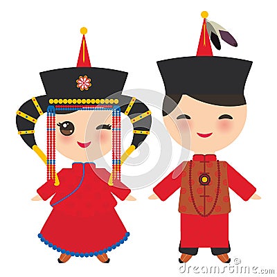 Mongolian boy and girl in red national costume and hat. Cartoon children in traditional dress. Vector Vector Illustration