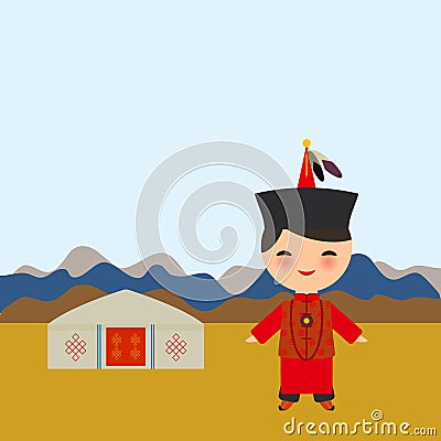 Mongolian boy in red national costume and hat. Cartoon children in traditional dress. Landscape steppe, mountains, sky, home yurt. Vector Illustration