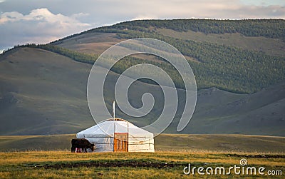 Family ger in a landscape of norther Mongolia Stock Photo