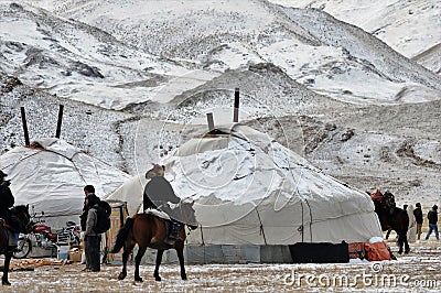 Mongolian horse in the mountains during the golden eagle festival Editorial Stock Photo