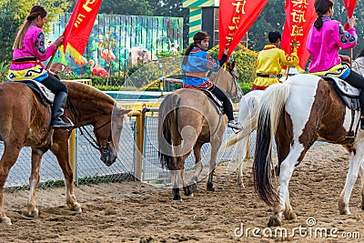 Mongolian horse rider with traditional costume on mongolian horses, Equus ferus caballus, the native horse breed of Mongolia. Editorial Stock Photo