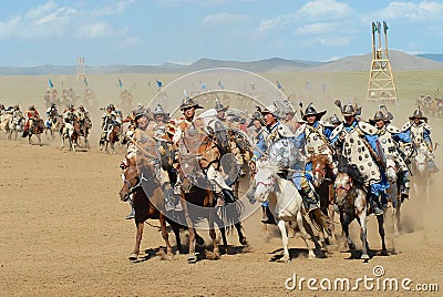 Mongolian horse riders take part in the traditional historical show of Genghis Khan era in Ulaanbaatar, Mongolia. Editorial Stock Photo