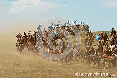 Mongolian horse riders take part in the traditional historical show of Genghis Khan era in Ulaanbaatar, Mongolia. Editorial Stock Photo