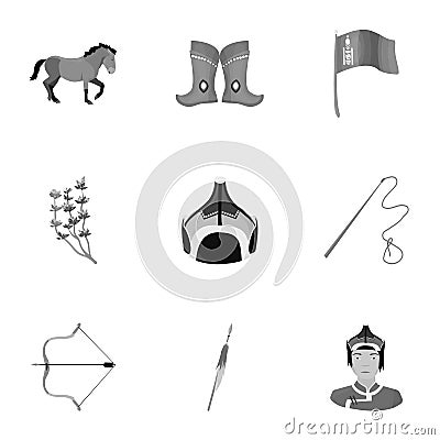 Mongolian national characteristics. Icons set about Mongolia.Clothing, soldiers, equipment. Mongolia icon in set Vector Illustration